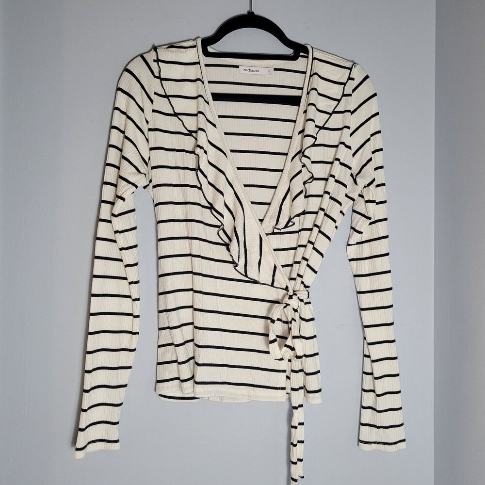 Anthropologie Red Haute Ivory Black Stripes Long Sleeve Wrap Top Size Small